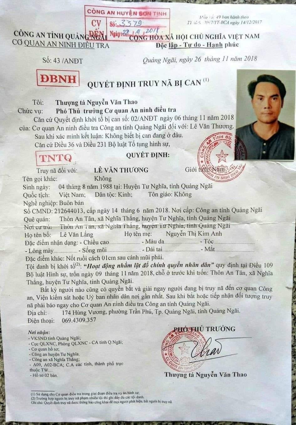 Quyết định truy nã đối tượng Lê Văn Thương.